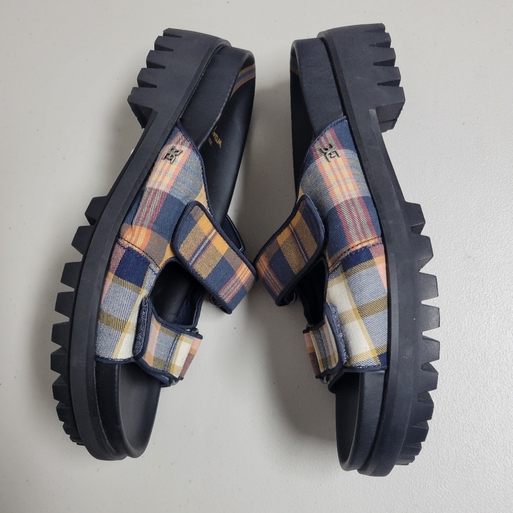 Sam Edelman Navy Plaid Double Buckle Slide Sandals